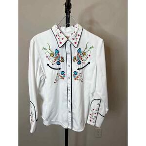 Scully Women's Cowboy‎ Rodeo White Embroidered Floral Western Shirt Size Large